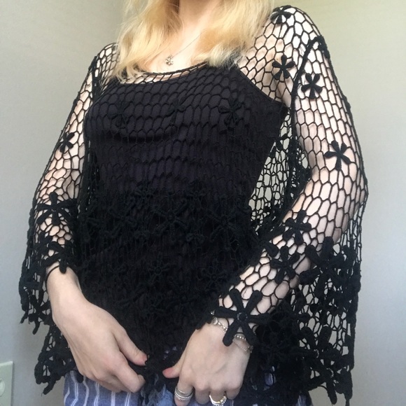 Ya Los Angeles Tops - Crochet Black long bell sleeve cover up/shirt